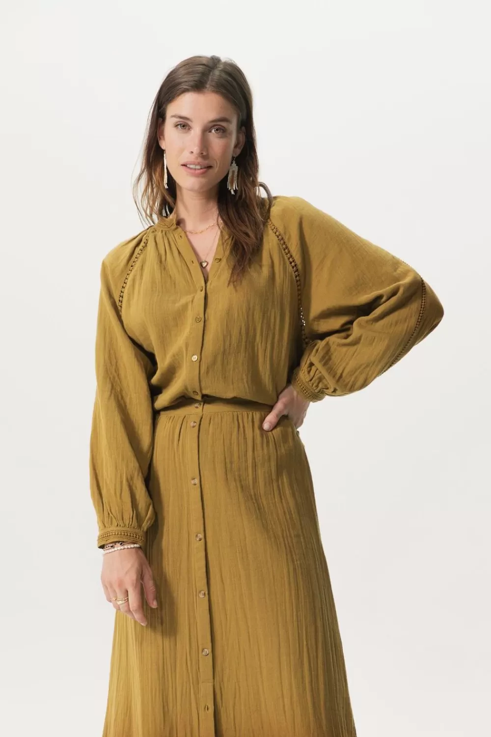 Dames Sissy-Boy Blouses>Mosterd Groene Blouse Met Raglan Mouwen En Geborduurde Details