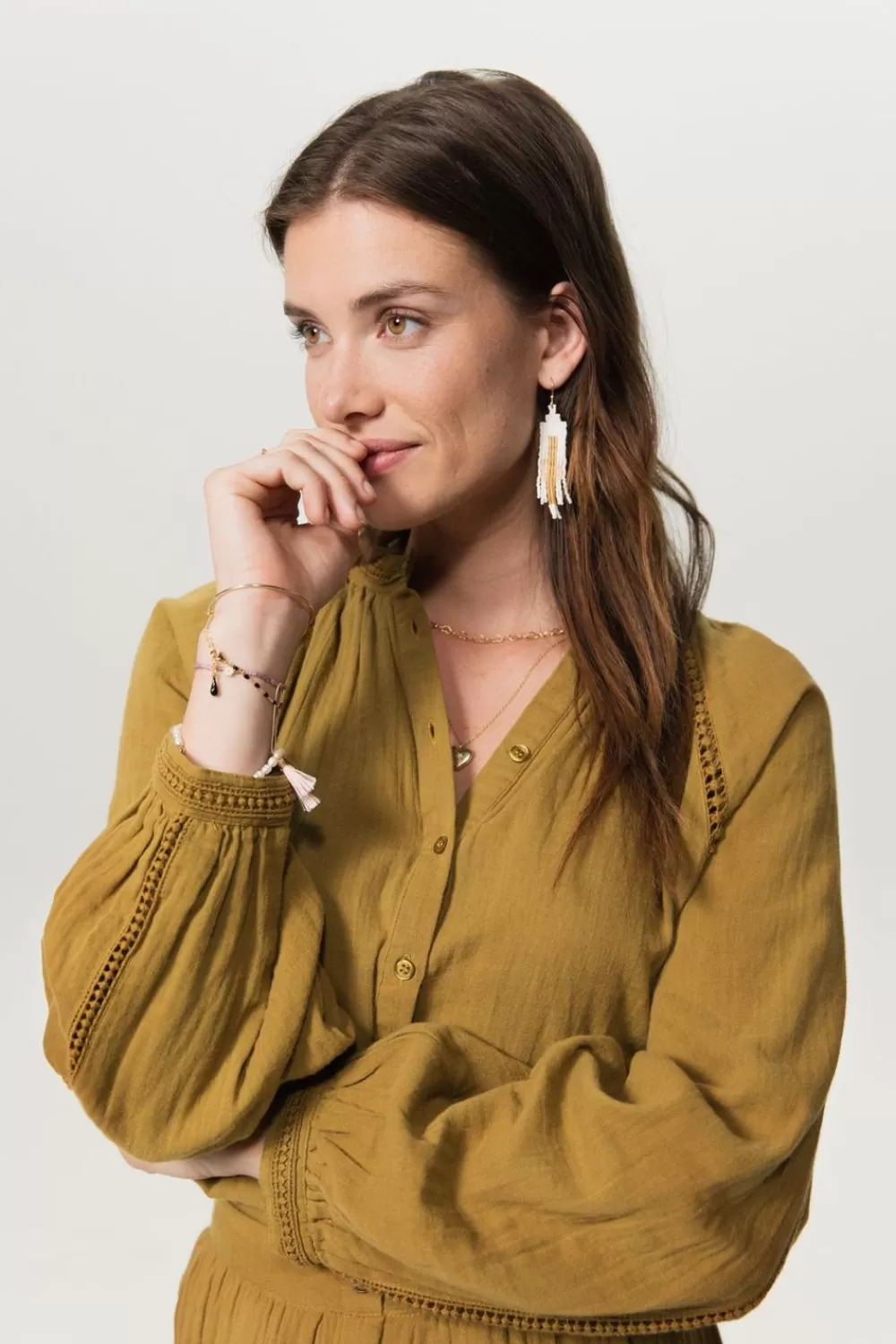 Dames Sissy-Boy Blouses>Mosterd Groene Blouse Met Raglan Mouwen En Geborduurde Details